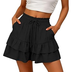 bawilom Shorts for Women Ruffled Tiered Pleated Mini Skirts Boho Drawstring High Waist Flowy Comfy Tennis Golf Skorts