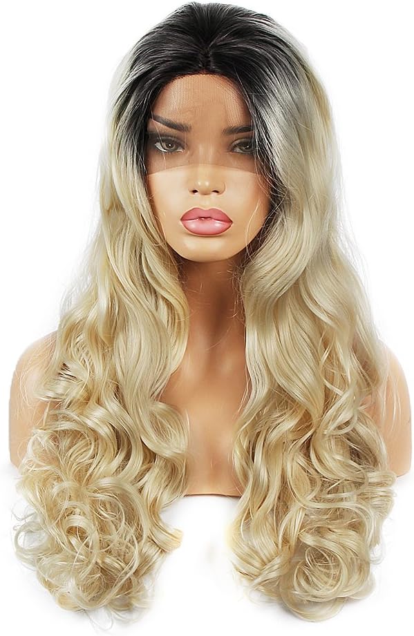 Life Diaries 250% Density Glueless Synthetic Lace Front Wig Ombre Color Long Natural Wave 10% Human Hair+90% Heat Resistant Fiber Glueless Lace Front Synthetic Wig For Women(1B+Blonde Color)