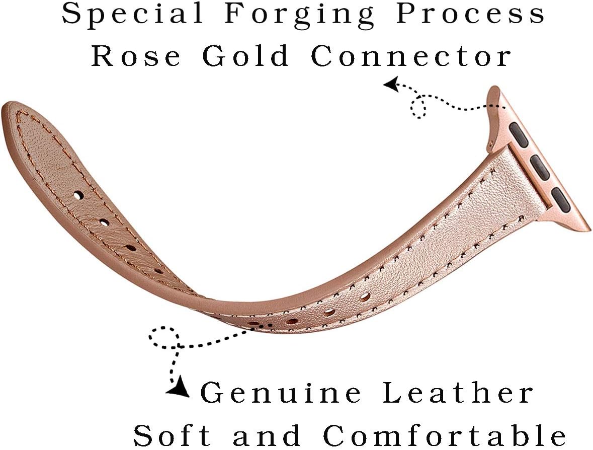 SUNFWR Compatible with Apple Watch Strap 38mm 40mm 41mm,Genuine Leather Strap Replacement,Slim&Thin Wristband for iwatch Series 7/6/5/4/3/2/1,SE(38mm 40mm 41mm,Rosegold&Rosegold) - Image 4
