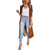 Women's Long Velvet Cardigan Jacket Lapel Collar Open Front Vintage Cardigan Sweater with Pocket