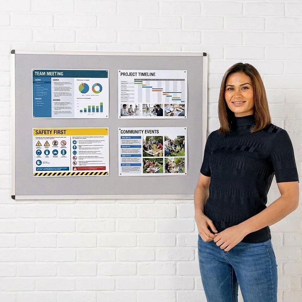 Wonderwall Premium Grey Felt Noticeboard 120x90cm Aluminium Frame Anti-Fade
