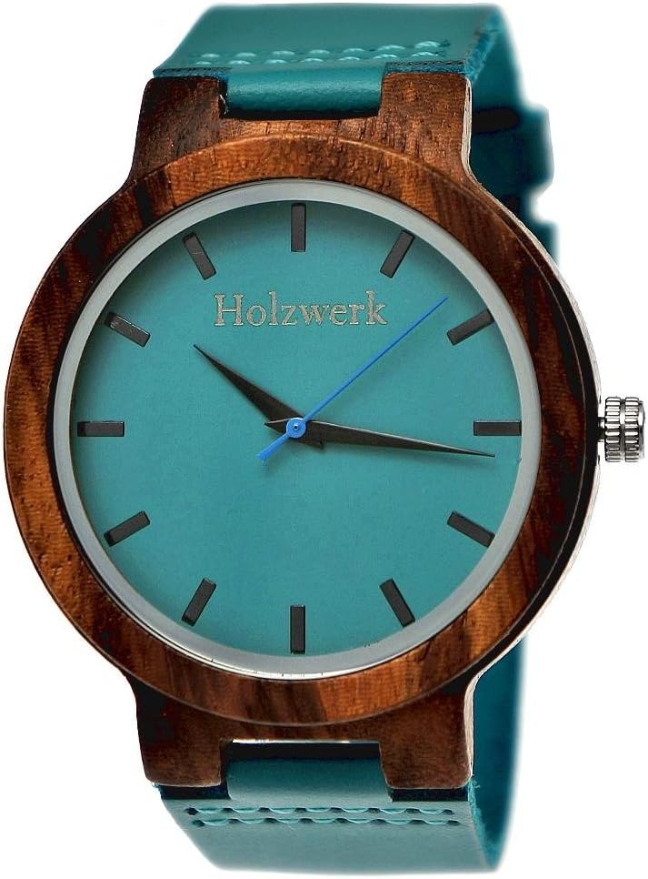 Handmade Holzwerk Germany® Designer Women's Watch Eco Natural Wood Watch Leather Strap Analogue Classic Quartz Watch in Blue Turquoise