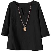 LOMON Women's Cotton Linen 3/4 Sleeve Tops V Neck Lace Shirts Casual Loose Blouses Summer