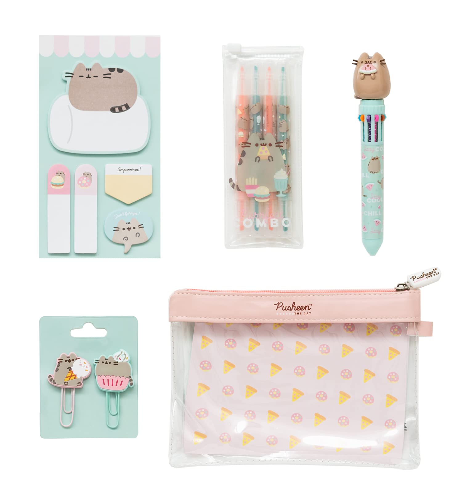 Grupo Erik Pusheen Stationery Set | Pencil Case With Pen, Highlighter Set, Self Adhesive Notes, Paper Clips | Pusheen Gifts For Cat Lovers, Cat Stationery