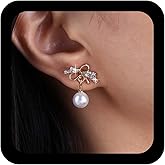 Erimberate Bohemian Crystal Pearl Dangle Earrings Round Pearl Drop Earrings Gold Cz Pearl Bow Stud Earrings Hollow Rhinestone Bow Tie Earrings Jewelry for Women