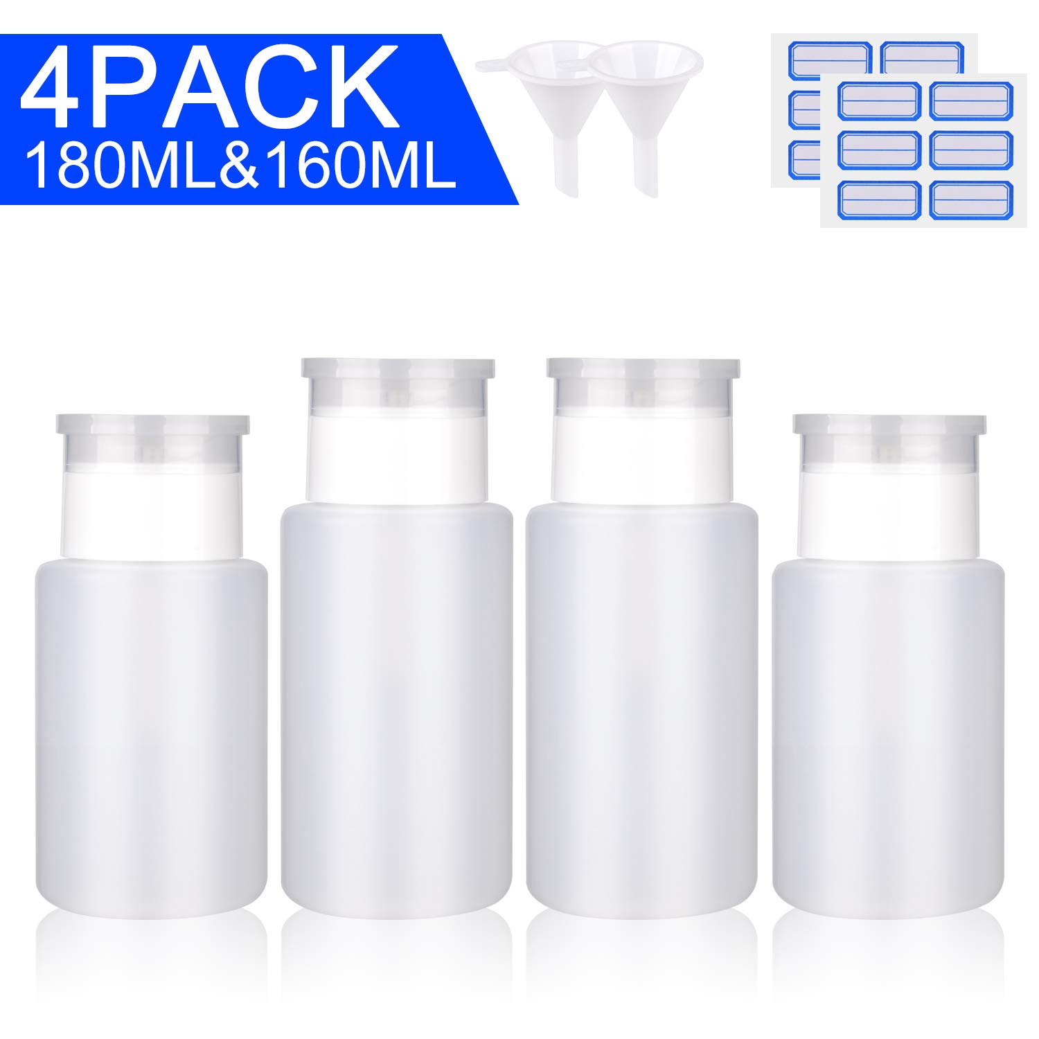 Push Down Pump Dispenser INFILILA Alcohol Acetone Pump Dispenser Bottles 4PCS 2x180ml,2x160ml with 2PCS Bonus Label Sheet&2PCS Funnels Empty Pump Dispenser Bottle Kit For Polish&Makeup Remover,etc.