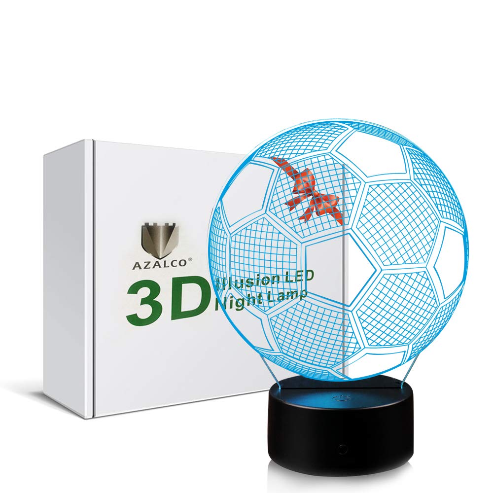AZALCO 3D Illusion Soccer Night Light Lamp with 7 Color Change Touch Black Base Power by AA Batteries