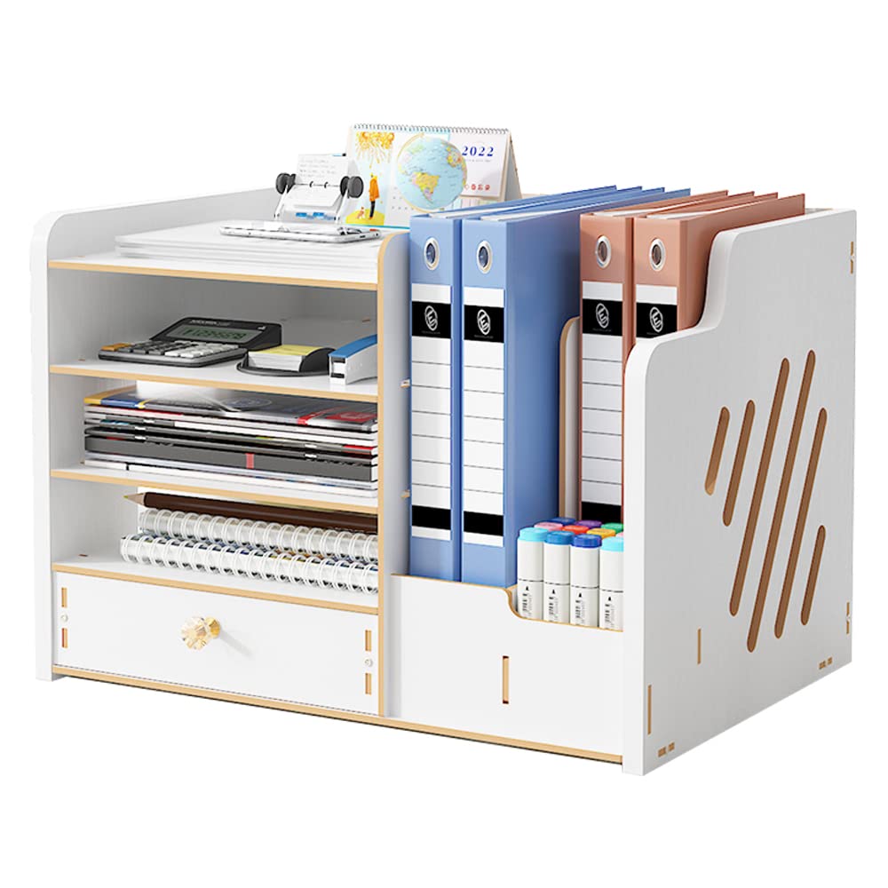 NUODWELL Wooden Desktop Organiser, Large Capacity Desk File Organiser Office Supplies Storage Holder File Rack for A4 Papers, Pens, Books, Letters and Documents (jb07-3 White)