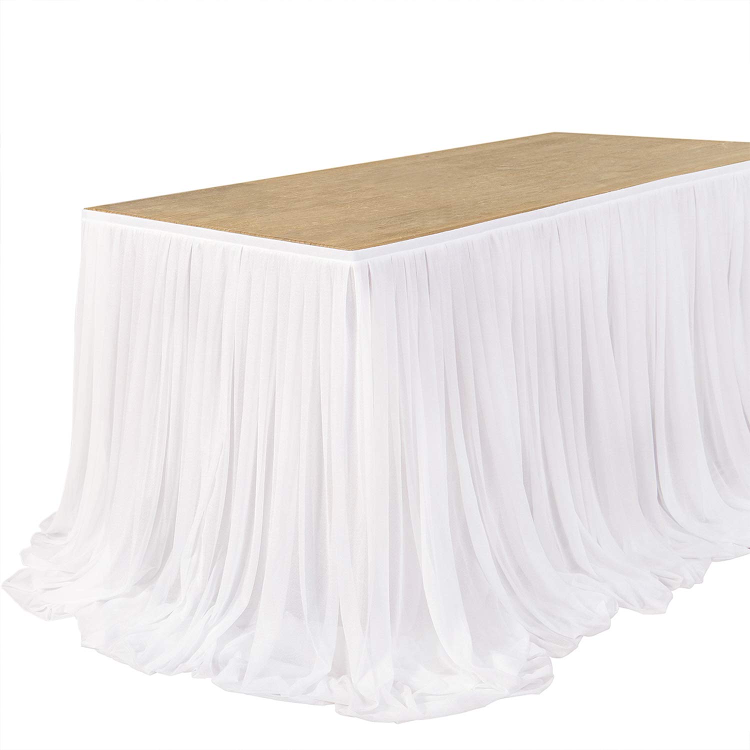 Photo 1 of Ling's moment 14FT White Chiffon Table Skirt Recycle Use Extra Long Sheer Tablecloth for Backyard Wedding Reception Decorations Birthday Party Cake Dessert Decor