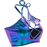 FlyCC Women's Metallic Keyhole Cutout Backless Halter Rave Dance Crop Tube Top Bra