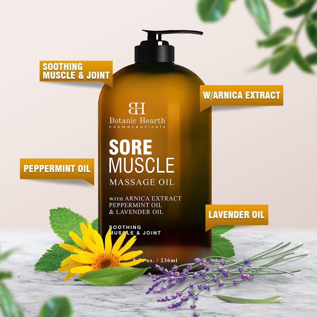 BOTANIC HEARTH Sore Muscle Massage Oil - with Arnica Montana Extract and Essential Oils - Warming and Relaxing - Soothes Tired Sore Muscles and Joint Pain, 8 fl oz : Beauty