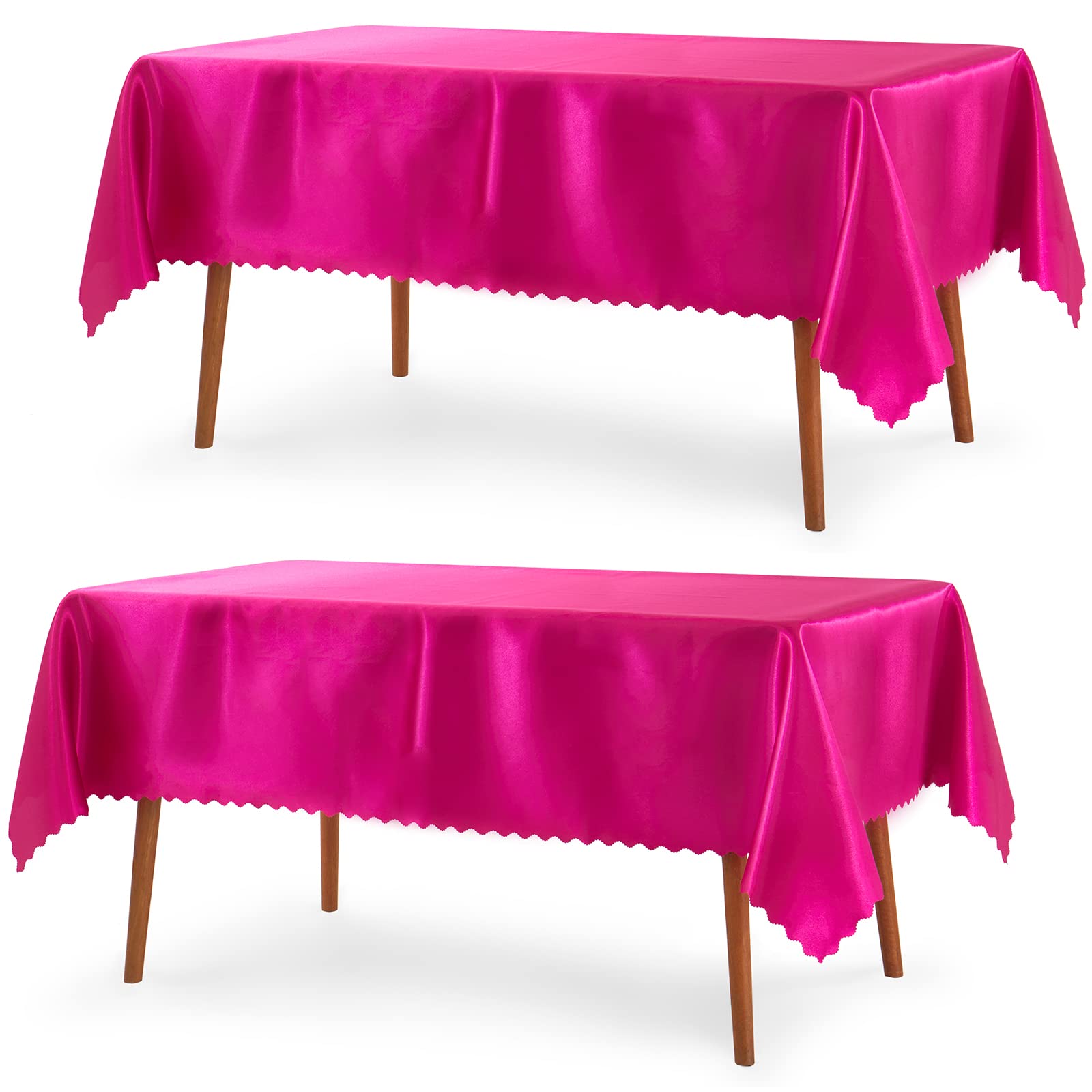 Photo 1 of P Pothuiny 2 Pack Hot Pink Satin Tablecloth 60 x 120 Inches Rectangle Table Cloth Overlay Satin Table Cover Bright Smooth Fabric Decoration for Wedding Banquet Party Dining