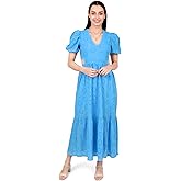 Natural Craft Summer 2025 Women's Eyelet Dress, Blue, V-Neck, Puff Sleeve, Side Cutouts,A Line Long Flowy Beach Vacation Dresses Hollow Out Eyelet Ruffle Back Open Swing (US, Alpha, Medium Blue)