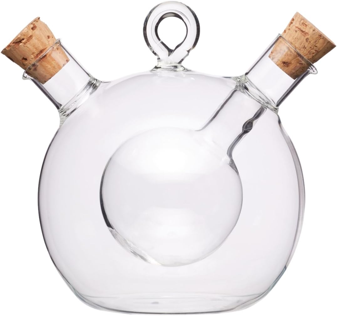 KitchenCraft World of Flavours 2-in-1 Round Olive Oil Dispenser and Vinegar Bottle - Clear Glass, 8.5 x 12 x 1.5 cm