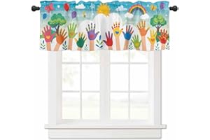 Homechoid Children's Day Curtain Valance for Windows/Living Room/Kitchen/Bathroom/Farmhouse, Kids Cartoon Handprint Bee Sun Rainbow Short Rod Pocket Tier Curtain Window Treatment, 1 Panel 54x18