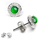 Gleejed Healing Green Real Jade Earrings for Women Men 18K White Gold Plated, Natural Jadeite Sterling Silver Studs for Sensitive Ears, Luck Handmade Gift for Birthdays Anniversaries(2PCS Premium)