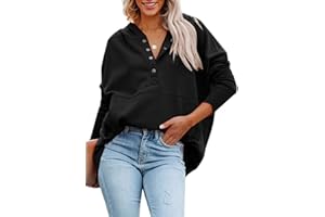 AlvaQ Women Casual Button V Neck Hoodies Oversized Pullover Sweatshirt Hooded Tops with Pockets