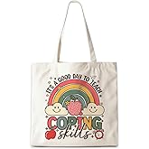 CosxHabitat Boho Mental Health Teacher Tote Bag, Teacher Appreciation Gifts Canvas Tote Bags, Coping Skills Behavior Therapist Counselor Reusable Grocery Shopping Bag