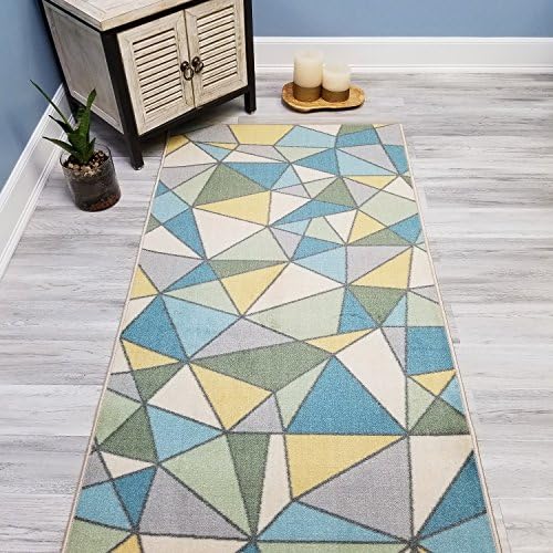 Your Choice Length Blue & Green Mosaic Tiles Non-Slip Rubber Backed Carpet Runner Rug | 31-inch x 8-feet