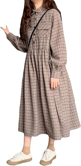 Amazon Mlbossワンピース レディース チェック柄 長袖 フレアワンピース ロング丈 韓国ファッション 薄手 夏物 着痩せ カーキ ワンピース チュニック 通販