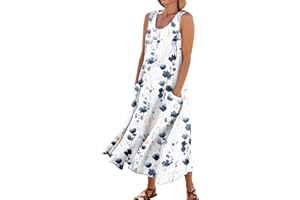 RDEGOOCHA Women's Cotton Linen Maxi Sun Dress Crewneck Sleeveless Tshirt Long Flowy Casual Pocket Cute Printed Tank Dresses