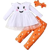 Nicoxijia Toddler Baby Girls Halloween Outfits Long Sleeve Pumpkin Ghost T-Shirt Top Tutu Skirt Pants Headband Clothes Sets