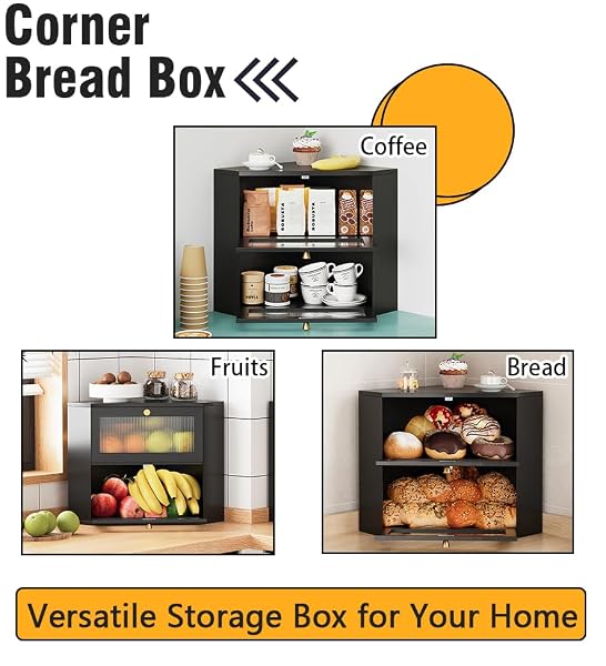 TRIRONSUN CORNER BAMBOO BREAD BOX FOR KITCHEN COUNTER DOUBLE LAYER BREAD STORAGE CONTAINER LARGE CAPACITY BREAD STORAGE BIN WITH WAVY ARCYLIC TRANSPARENT DOOR (BLACK)