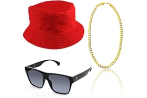 Beelittle 80s/90s Hip Hop Costume Kit Cool Rapper Outfits,Bucket Hat Sunglasses Gold Plated Chain