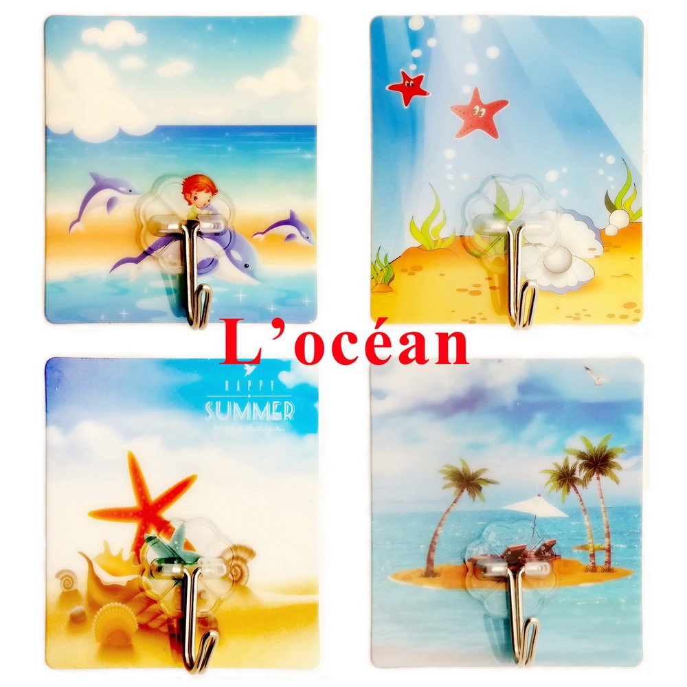 Adhesive Hooks Romantic Artistic Fashionable Traceless Strong Eco-friendly Washable Removable Reusable Waterproof Heavy-duty Flexible Durable, Max Load 22lb/10kg, 4+4 Packs (L’amour/L’océan)