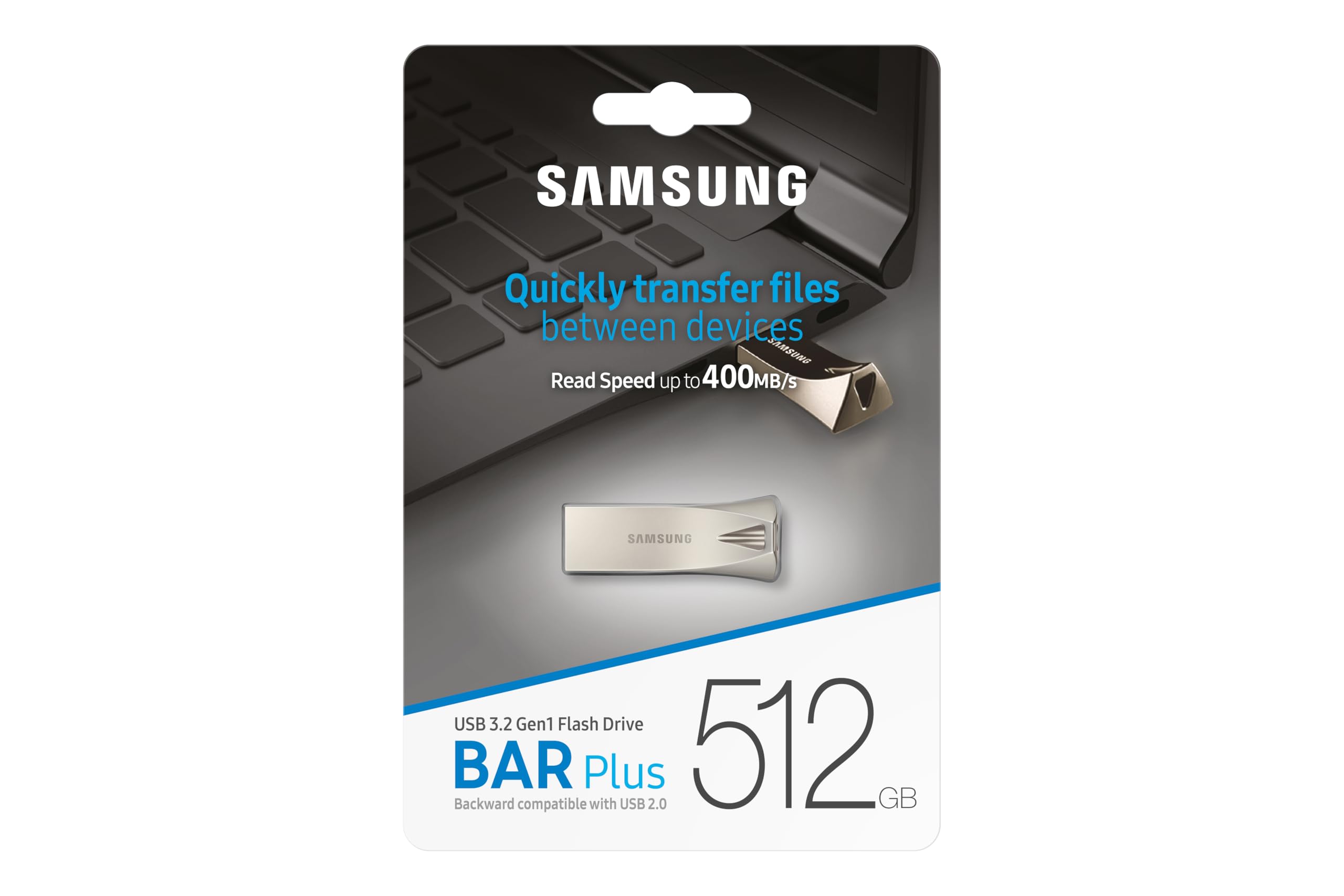 Samsung BAR Plus USB-Stick Typ-A, 512 GB, 400 MB/s Lesen, 110 MB/s Schreiben, Widerstandsfähiger USB 3.2 Speicherstick mit Schlüsselring, Champagne Silver, MUF-512BE3/APC 7