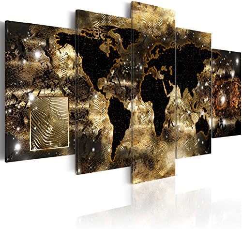 World Map Canvas Wall Art Large Gold Compass Picture Modern Painting Continents of Bronze Artwork Framed Home Decor for Bedroom 5 Panel Easy Hanging 60x30 inch