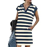 Wenrine Womens Striped Summer Mini Dress Casual Cap Sleeve Polo V Neck T Shirt Dresses with Pockets