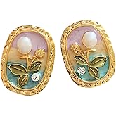 Oil Painting Style Enamel Flower Earrings for Women Enamel Flower Pearl Earrings