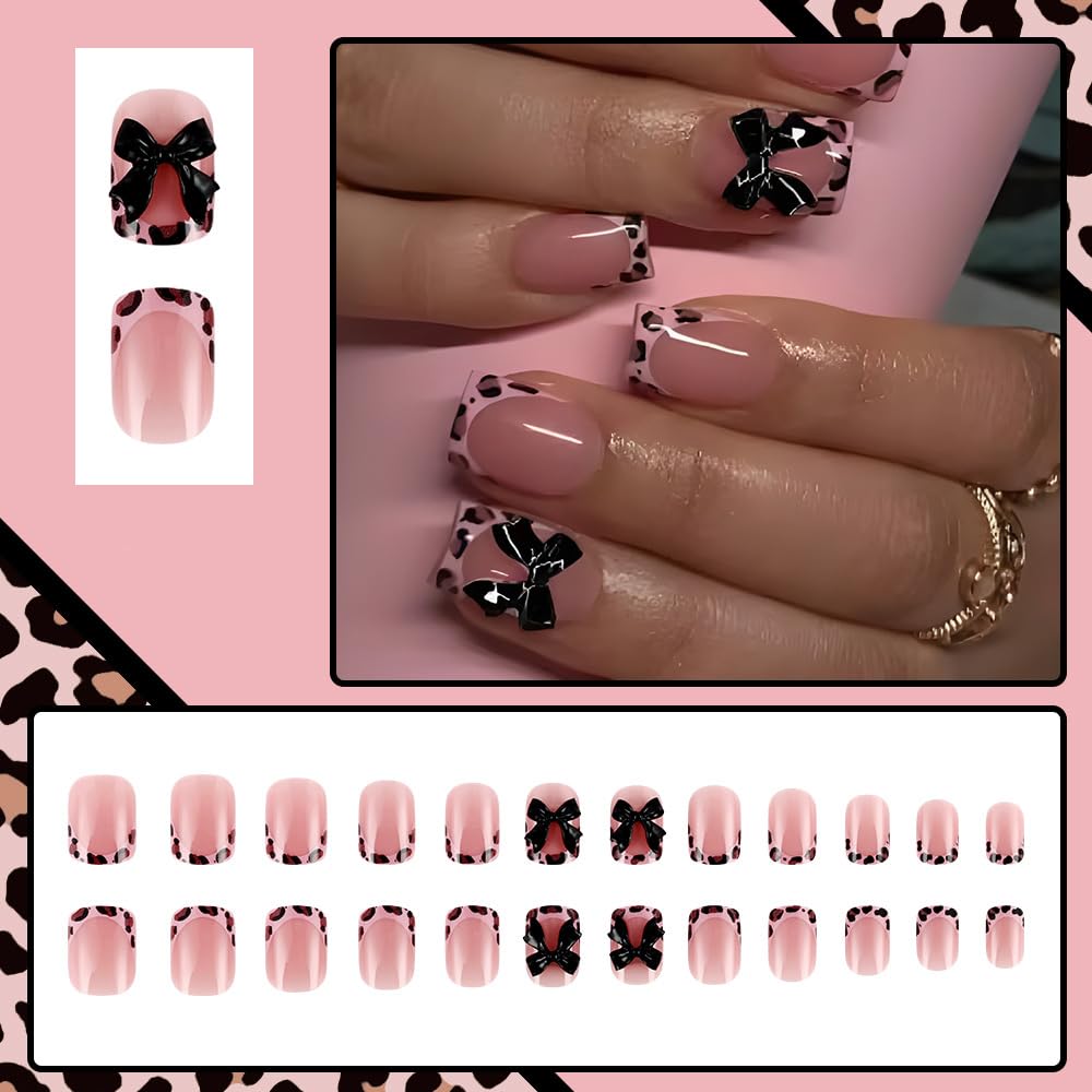 24 Pcs French Pink Press on Nails Short Square 3D Bow Texture Design - YIHONGYAN Spring Acrylic Nail Art Kit Fake Nails Press ons Nail Tips Full Cover Leopard Print False Nails for Women Manicure - Image 2