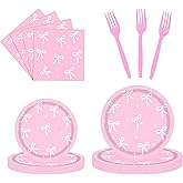 96Pcs Pink Bow Birthday Party Supplies, Disposable Tableware Set Include Plates and Napkins Pink Forks for Serve 24 Guests, Bachelorette Bridal Engagement Baby Shower