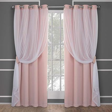 Exclusive Home Catarina Layered Solid Blackout and Sheer Grommet Top Curtain Panel Pair, Rose Blush, 52x84, 2 Piece