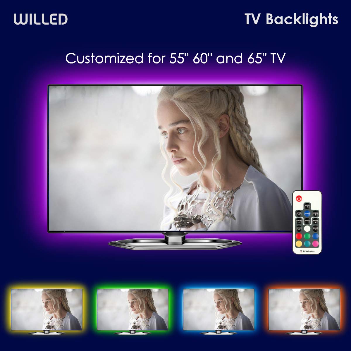 TV LED Backlight, WILLED USB LED Strip Lights kit Customized for TV 55 60 65 inch Monitor Bias Lighting RGB Light Strip 12.6ft with RF Remote