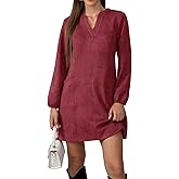 Jayscreate Women's A-line Suede Mini Dress Pocket Elegant 2025 Spring Fall Winter V Neck Long Sleeve Short Dress