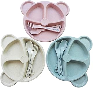 Kinderteller Set 3 Stück Baby Teller Kinderteller Stabiles Kindergeschirr BPA free Passt in Spülmaschine und Mikrowelle mit Löffel Gabel 20*20cm