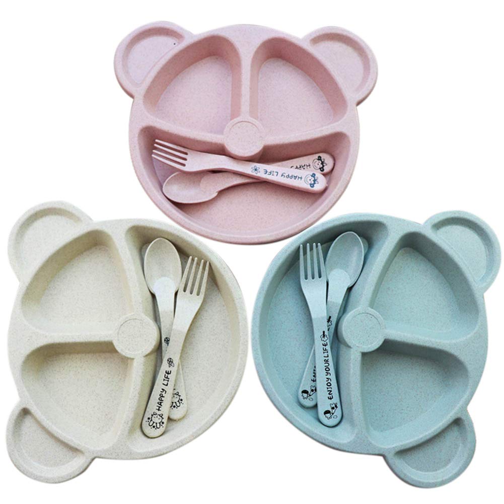 Kinderteller Set 3 Stück Baby Teller Kinderteller Stabiles Kindergeschirr BPA free Passt in Spülmaschine und Mikrowelle mit Löffel Gabel 20*20cm