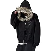 OANTGM Crop Winter Coats Teen Y2k Zip Up Hoodie Fur Jackets 2000s Streetwear Emo Grunge Streetwear