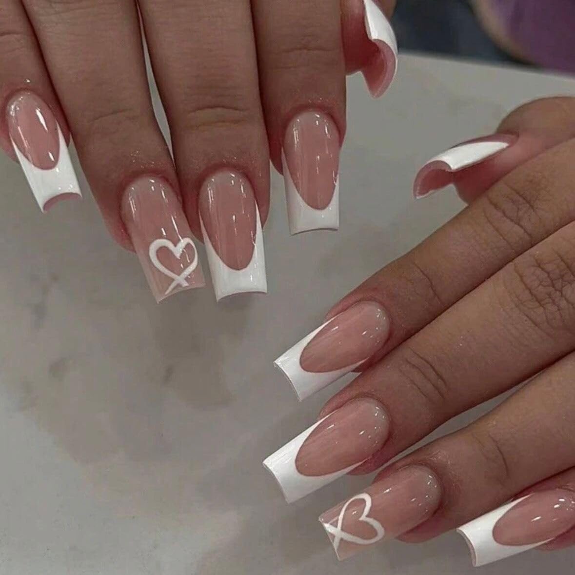 White French Tip Press on Nails Coffin Fake Nails Medium False Nails with Heart Design Glue on Nails Glossy Full Cover Stick on Nails Cute Acrylic Nails Press ons for Women Manicure Kit 24Pcs