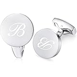 HONEY BEAR Initial Alphabet Letter Cufflinks for Men, Round Shape Stainless Steel Wedding Business Gifts Silver A to Z