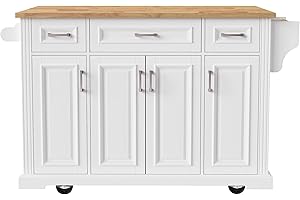 54-inch Large Rustic Rolling Kitchen Island with Drop Leaf, Embossed Texture, 4 Wheels, 4 Doors, 3 Drawers, Storage for Kitch