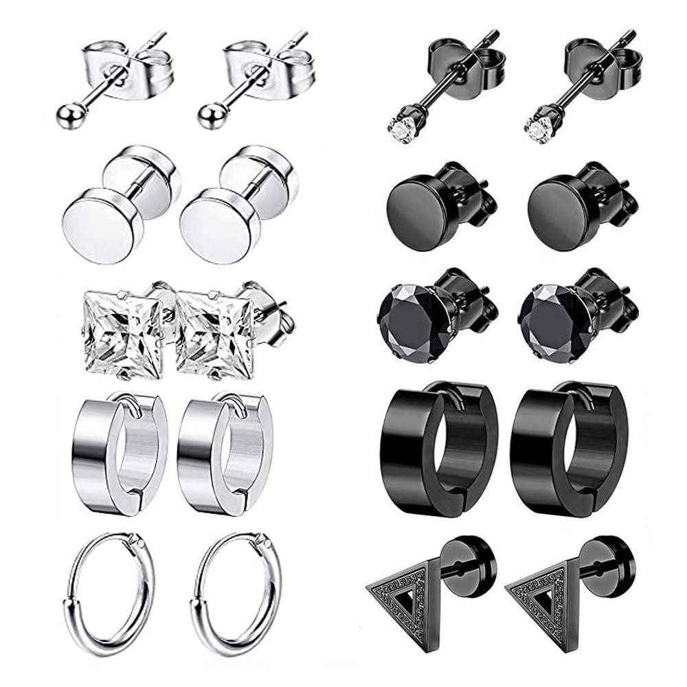 10 Pairs Black Stud Earrings - Classic Zircon Studs, Stylish for Men & Women - Stainless Steel, Neutral Silver & Black - Ear Cartilage or Other Parts