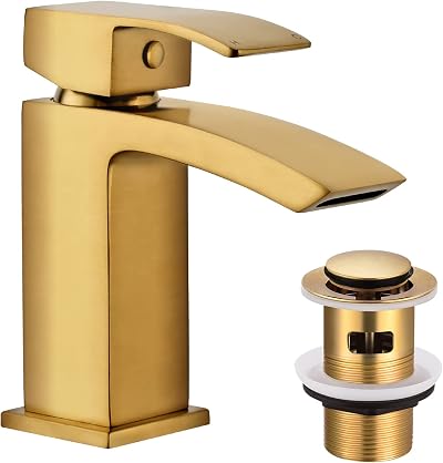 Hapilife Basin Taps Mixer Waterfall Brushed Gold 1 Hole Mono Cloakroom