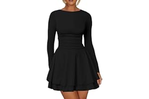 Kaximil Women's Crew Neck Long Sleeve Corset Mini Dress Ruffle Hem Short Party Club Dresses