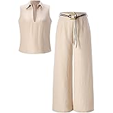 winkbay Women's 2 Piece Casual Summer Outfits Collar V Neck Sleeveless Blouse and Belted Pants Office Sets