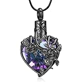 zeqingjw Rose Flower Cremation Jewelry Heart Crystal Urn Necklaces for Ashes Urn Pendant Keepsake Jewelry for Women Human Memorial Locket Ash Holder