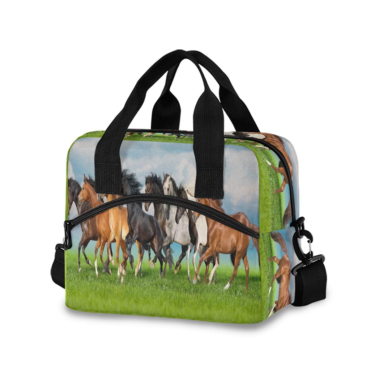 Lunch Bag for Kids Horse Running Free Green Field Insulated Cooler Lunch Box Large Capacity Lunch Organizer for Boys Girls